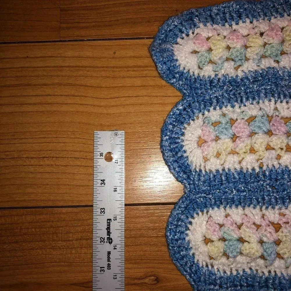 Vintage Crochet Afghan Blue Pink Handmade Baby Crib Quilt Nursery Blanket 40x31